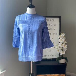 Blue Ruffled Boxy Blouse with Mandarin Collar